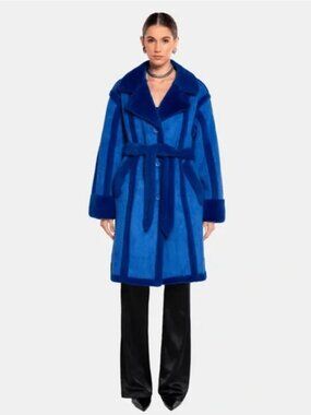 OW COLLECTION Womens New York Coat Faux Suede Faux Fur Bright Blue NWT Med $370